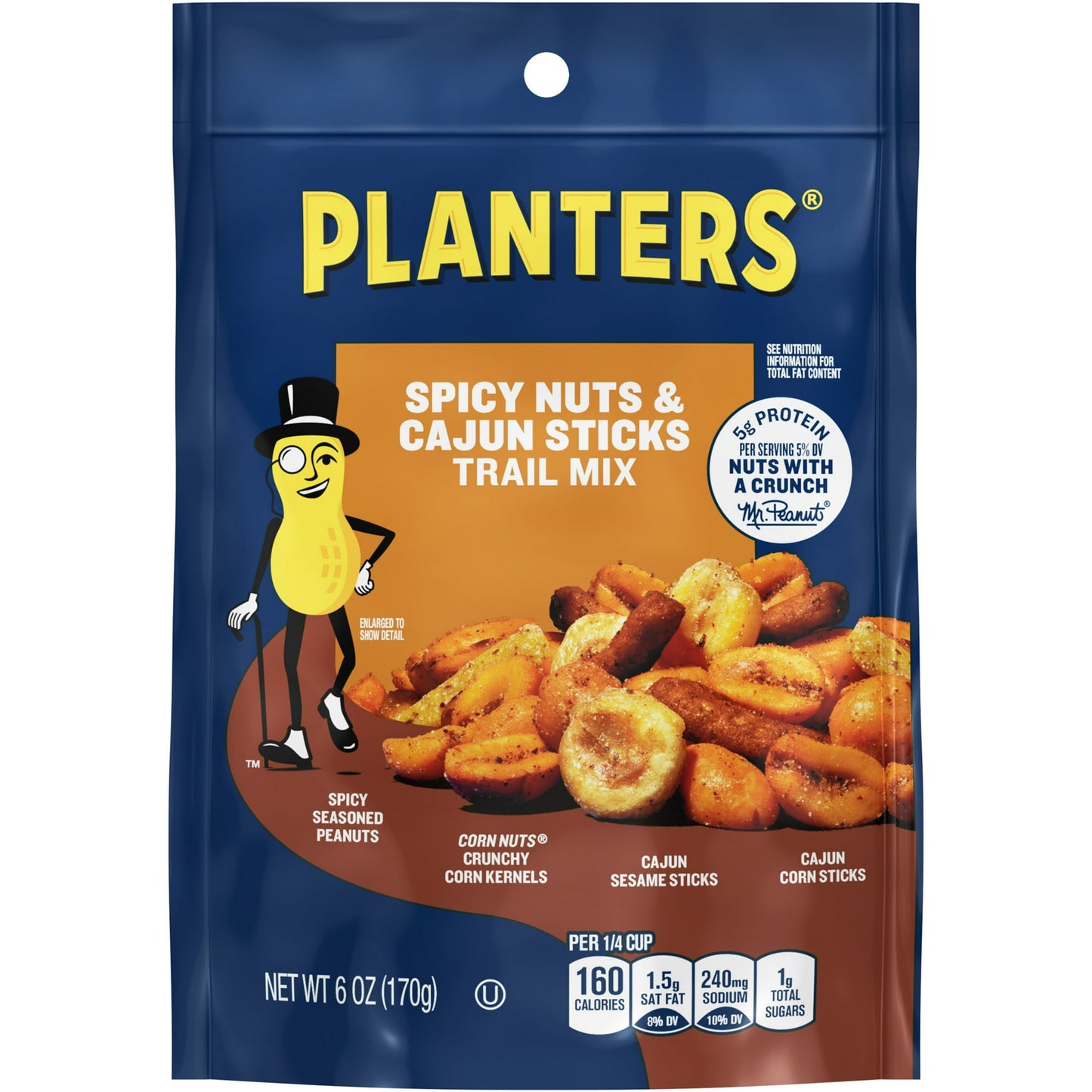 PLANTERS Spicy Nuts & Cajun Sticks Trail Mix puts a zesty spin on the classic snack mix. This on-the-go bag of trail mix blends roasted peanuts and CORN NUTS corn kernels with sesame and corn sticks for a variety of flavors and textures, then adds authentic Cajun spices to create a spicy and sweet roasted trail mix that's impossible to resist. This Cajun trail mix has 5 grams of protein per serving for a satisfying snack whether you're on a hike or relaxing at home. Pour this Cajun flavored trail mix into a