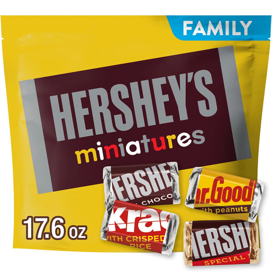 There's something for everyone in this HERSHEY'S Miniatures assortment. Find miniature versions of all your favorite HERSHEY'S chocolate bars in one sweet bag, including HERSHEY'S milk chocolate bars, HERSHEY'S SPECIAL DARK mildly sweet chocolate bars, KRACKEL chocolate candy with crisped rice and MR. GOODBAR chocolate candy with peanuts. Enjoy delicious candy classics individually wrapped for lasting freshness and convenience all year long. Perfect for lunch boxes, movie nights, game nights, snack breaks, 