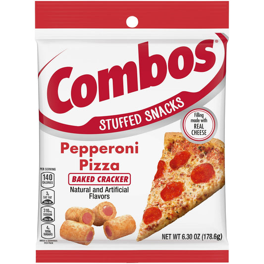 Get ready for one of the best combinations you've ever experienced: Combos Stuffed Snacks, Pepperoni Pizza Baked Cracker Snacks and you. With filling made with real cheese and a crunchy, crispy baked cracker, these rolled-up bites of heaven with tasty filling are a snack that you will love to eat. With all the flavor of scrumptious pepperoni pizza in every bite, these individually wrapped, single serving packages with have you jumping for joy. Pack them in your lunch for work or take them along for the ride