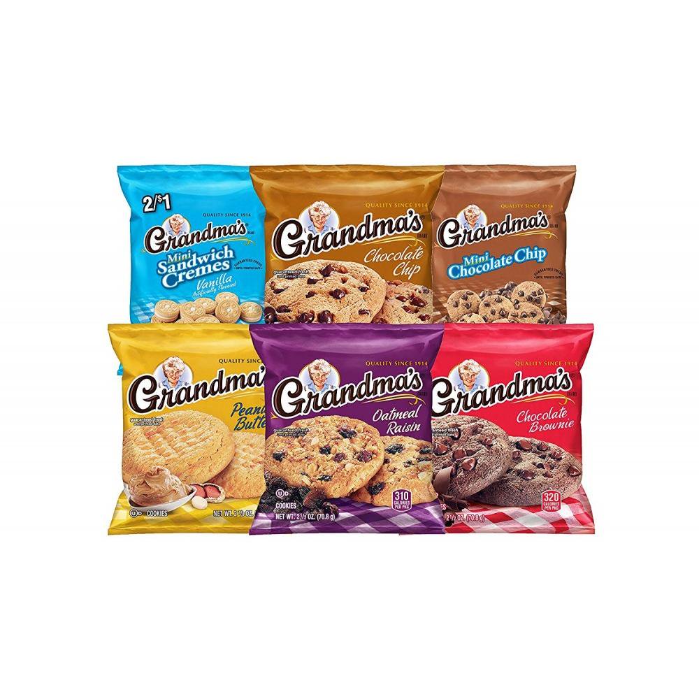 Includes 30 packs of your favorite Grandma's brand cookies 8 Mini Vanilla Sandwich Cremes, 4 Mini Chocolate Chip Cookies, 6 Big Chocolate Chip cookies, 4 Big Peanut Butter cookies, 6 Big Chocolate Brownie cookies, and 2 Big Oatmeal Raisin cookies Great for packing lunches or snacking on the go Perfect for a quick, sweet comforting treat