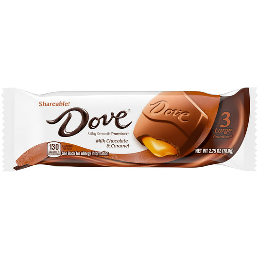 Your favorite silky smooth milk chocolate candy just got a ‘Large’ upgrade. Indulge and unwind with the new DOVE LARGE PROMISES Milk Chocolate Caramel candy. Unlock a whole new level of chocolate indulgence with all NEW DOVE shareable chocolate candy packs featuring 3 large PROMISES in each pack. These DOVE PROMISES are larger than your everyday chocolate candy PROMISES, offering a richer chocolate candy experience. Dreamy caramel fills the slow-melting, silky smooth milk chocolate for pure bliss in every s