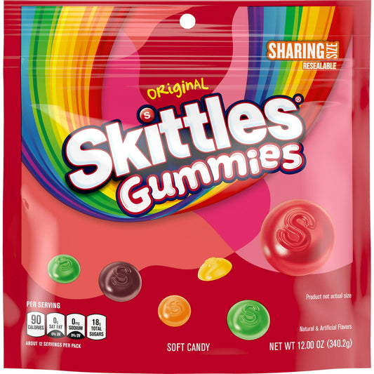 Taste the Rainbow with NEW SKITTLES Gummy Candy –– You asked for SKITTLES Gummies. We said "Let's Do It!" Enjoy everything you love about SKITTLES candy now in gummy candy form. A soft and fruity mix of strawberry, orange, grape, lemon, and green apple flavored chewy candy. Enjoy gummy candy over and over again with this resealable Sharing Size SKITTLES candy pack. Forget gummy bears and gummy worms, find gummy candy awesomeness with soft and fruity SKITTLES Gummies. From movie night to road trips, Sharing 