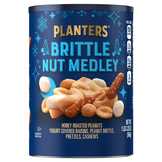 PLANTERS Winter Edition Brittle Nut Medley puts smiles on faces throughout the winter season. The winter edition blend is a symphony of flavors, featuring honey roasted peanuts, yogurt covered raisins, peanut brittle, pretzels and cashews. A hint of salt brings out the flavors, uniting the mix of sweet, nutty and crunchy tastes found in this 19.25 ounce canister. This dessert mix is a snack that the whole family can enjoy. The crunchy blend is made with kosher dairy ingredients, so everyone can savor the ha