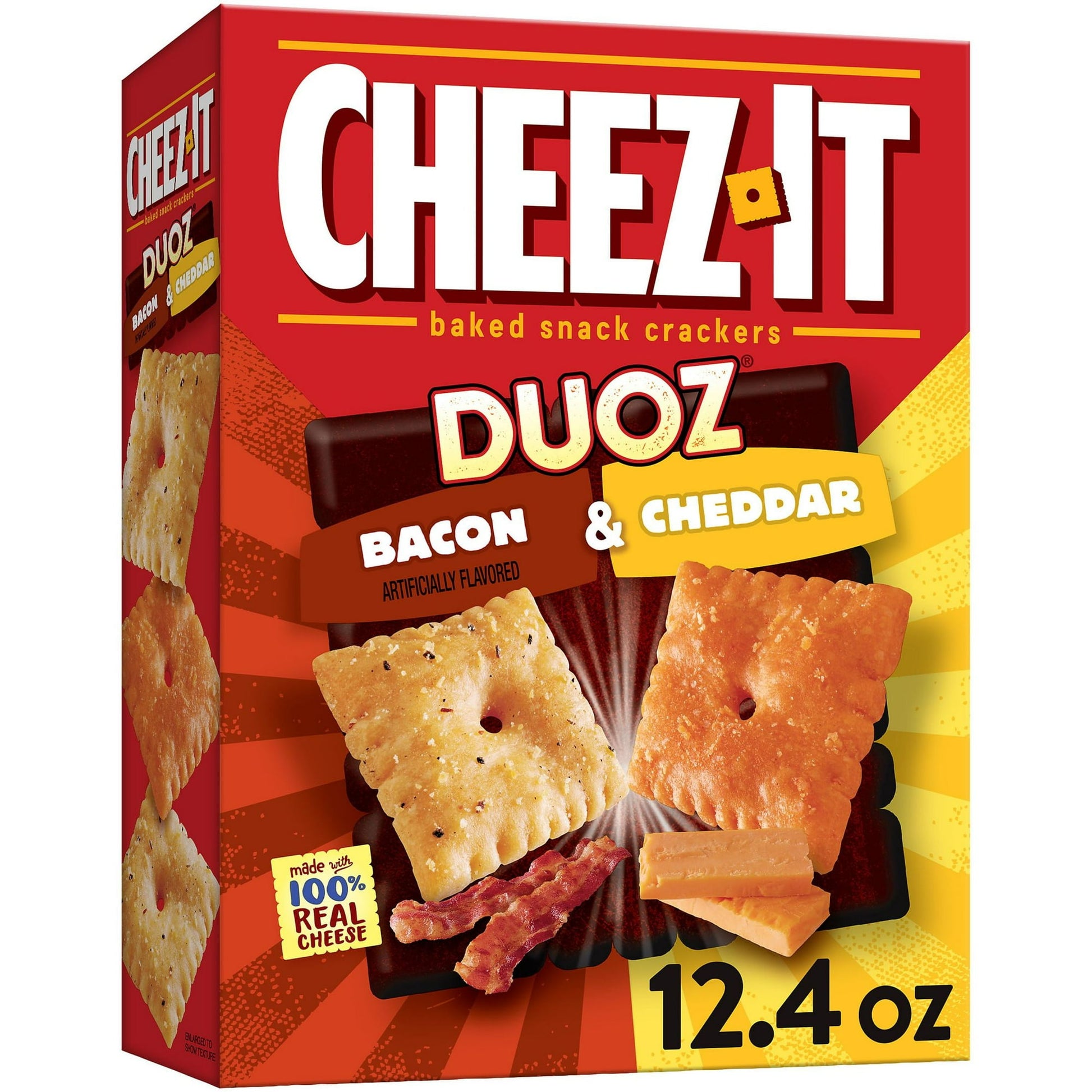 Make snack time an occasion with the delicious taste of two awesomely bold Cheez-It flavors mixed together in one box. Each delicious handful of Cheez-It DUOZ Bacon & Cheddar Snack Crackers is packed with the taste of salty, savory bacon and made with 100% real cheese that's been perfectly aged for a full, bold flavor with every mouthful. Irresistibly crunchy and full of cheesy, bacony goodness, Cheez-It DUOZ Bacon & Cheddar Crackers are an ideal companion for lunchboxes, after school, late night snacking, 