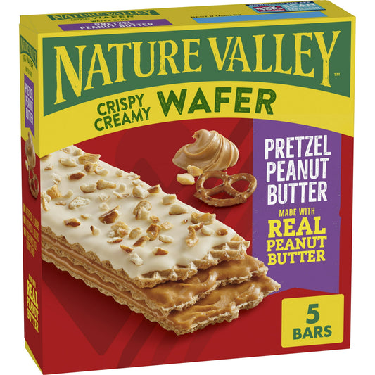 Indulge your crispy creamy cravings with Nature Valley Pretzel Peanut Butter Wafer Bars. Soak up nature in style with these delectable wafer bars, made with light and crispy wafers, layered with peanut butter and topped with pretzel pieces. Reach for these wafer peanut butter bars during an afternoon break. Make them your go-to for easy lunch box treats. Or take a box along to share with the family when conquering a new trail. it's a portable snack perfect for the pantry, lunch box, and hiking trail. At Nat