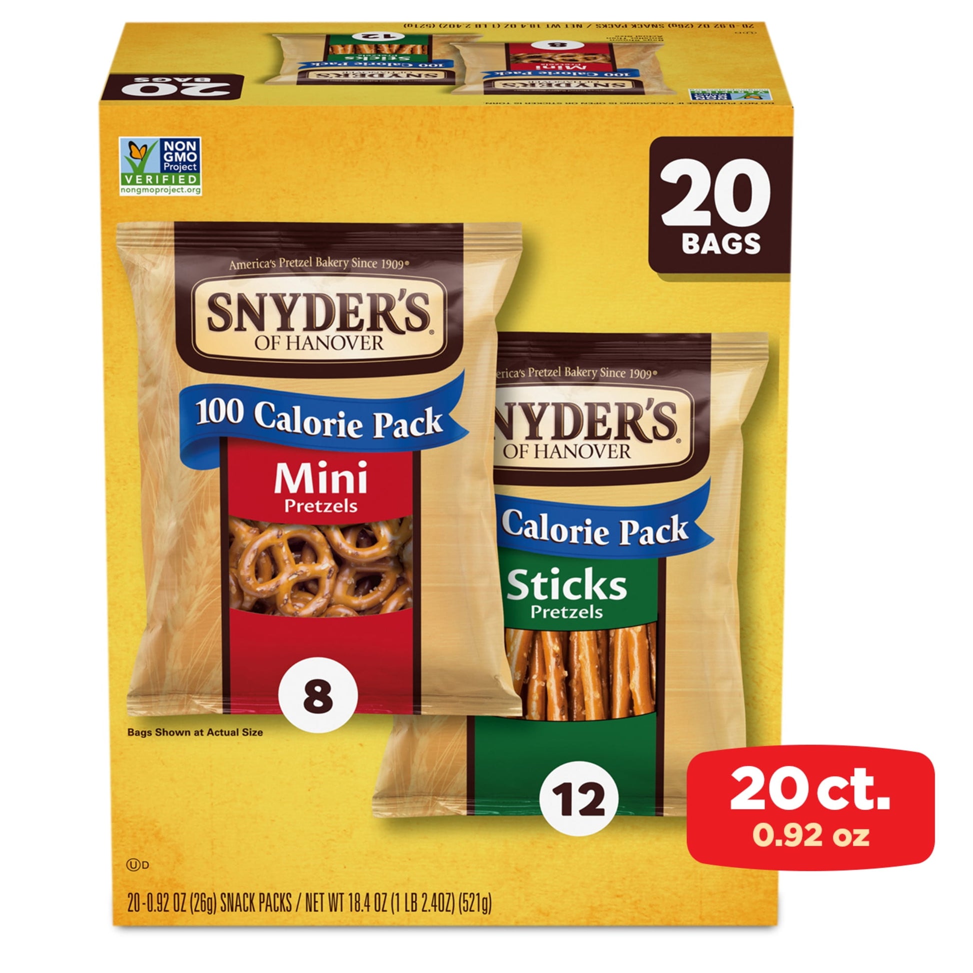 100 Calorie Mini Pretzels and Sticks from Snyder’s of Hanover are slow baked for an irresistibly crunchy, bite-size snack. They give you all the delicious taste of our traditional pretzels in 20 individual Pretzel snack packs. They’re ideal for lunch, sports, on the go, or at school. Everyone can feel good about enjoying this Non-GMO Project Verified snack, which is made in a facility that doesn’t process peanuts, making them perfect for school. Snyder’s of Hanover has been America’s Pretzel Bakery since 19