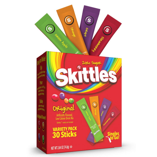 Taste the Rainbow! Skittles Drink Mix is a delicious treat for kids and adults alike. Perfect for any water recipe, this variety pack includes 30 individual on-the-go packets, enough to make 30 single servings of flavored water, in four Original Skittles flavors, including Green Apple, Grape, Orange, and Strawberry. Skittles Drink Mix is sugar-free, caffeine-free, and fat-free, with only 5-10 calories per serving. Perfect for on-the-go or after-school snacks, pool days, or picnics, these flavored water pack