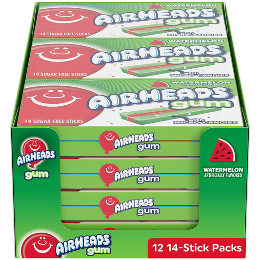 The same playfully tangy Airheads flavors you love is available in Airheads gum! Play delicious and keep the fun poppin' with this bulk box of 12 packs of Airheads candy sugar-free chewing gum. We packed so much mouth-watering watermelon flavor into each pack of gum, you'll want to chew it all day long. Sugar-free and gluten-free, just a chew full of micro-candies and fruit flavor! 14 regular size sticks per pack. 12 packs total. 168 total pieces.