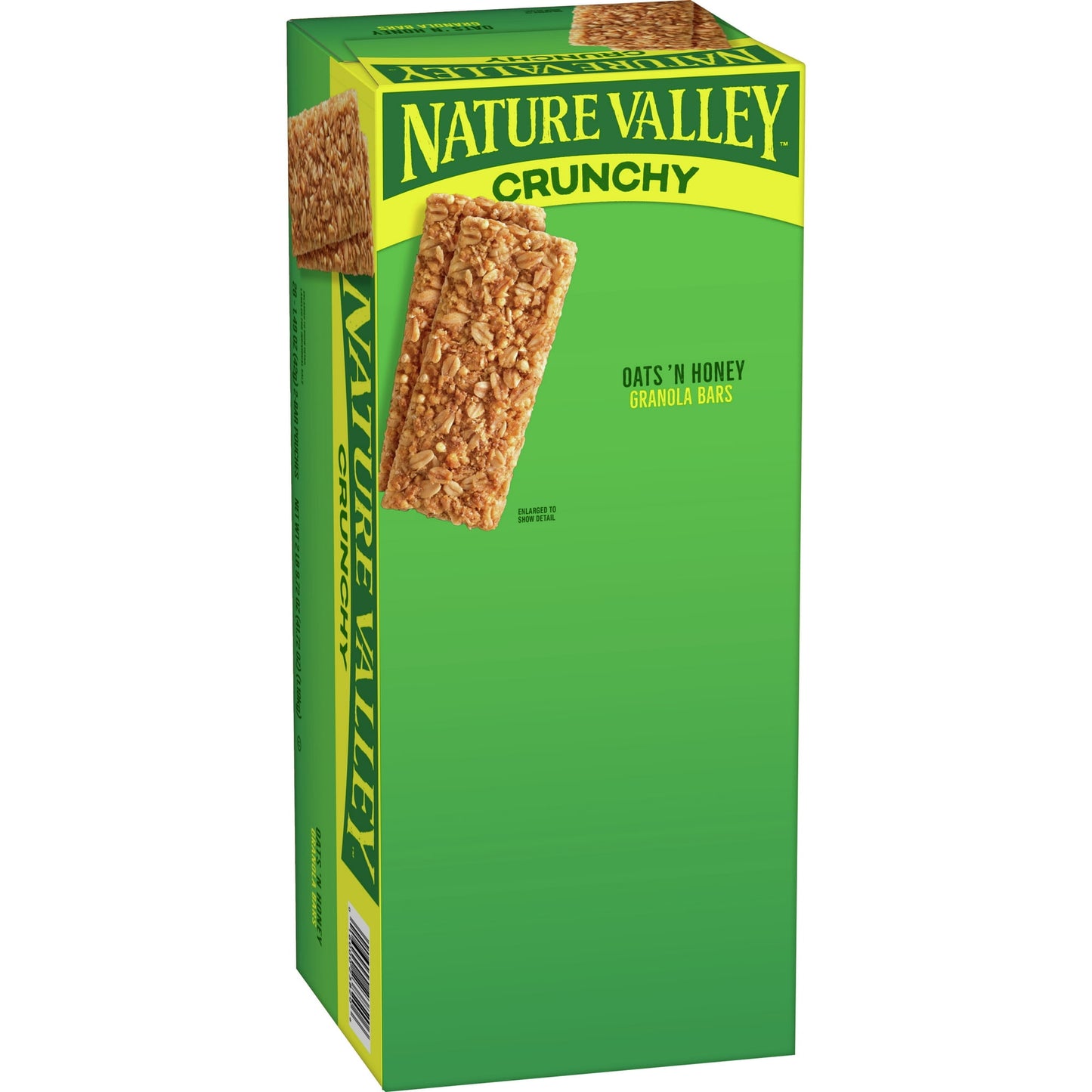 The Original Crunch. Nature Valley Oats 'n Honey Crunchy Granola Bars are a tasty snack made with whole-grain oats and a touch of honey. A portable snack perfect for the pantry, lunch box, and hiking trail. There are no artificial flavors, colors or high fructose corn syrup, and these snack bars contain 22g of whole grain per serving (at least 48g recommended daily)! It's a breakfast snack bar, an office snack or an on-the-go treat everyone in your household can enjoy. At Nature Valley, we believe that what