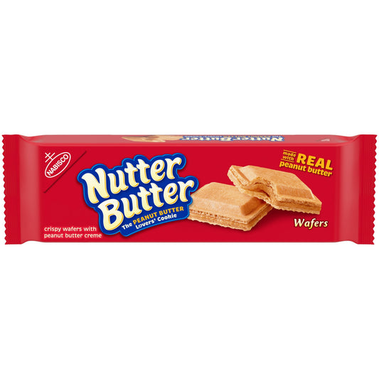 Nutter Butter Peanut Butter Wafer Cookies satisfy the peanut butter lovers in your family. Made with real peanut butter, these Nutter Butter cookies feature a crispy wafer with peanut butter creme. These peanut butter cookies come in one breakable piece making them perfect to share with friends and family. Break off a piece of this peanut butter snack and enjoy as an afternoon snack or at the end of the day with a nice glass of milk. Sealed packaging keeps these cookie snacks fresh until you're ready to enj