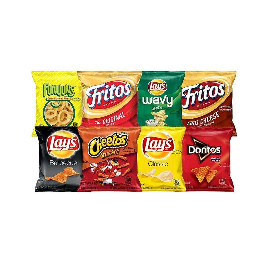 40 single serve favorites - Lay's Classic Potato Chips, Crunchy Cheetos, Chili Cheese Fritos, Lay's BBQ Potato Chips, Original Funyuns, Doritos Nacho Cheese, Original Fritos, and Lay's Wavy Ranch Potato Chips With eight different varieties, there's sure to be something everyone will love These much loved treats are fun to enjoy at lunch, as an after-school snack, or party refreshment