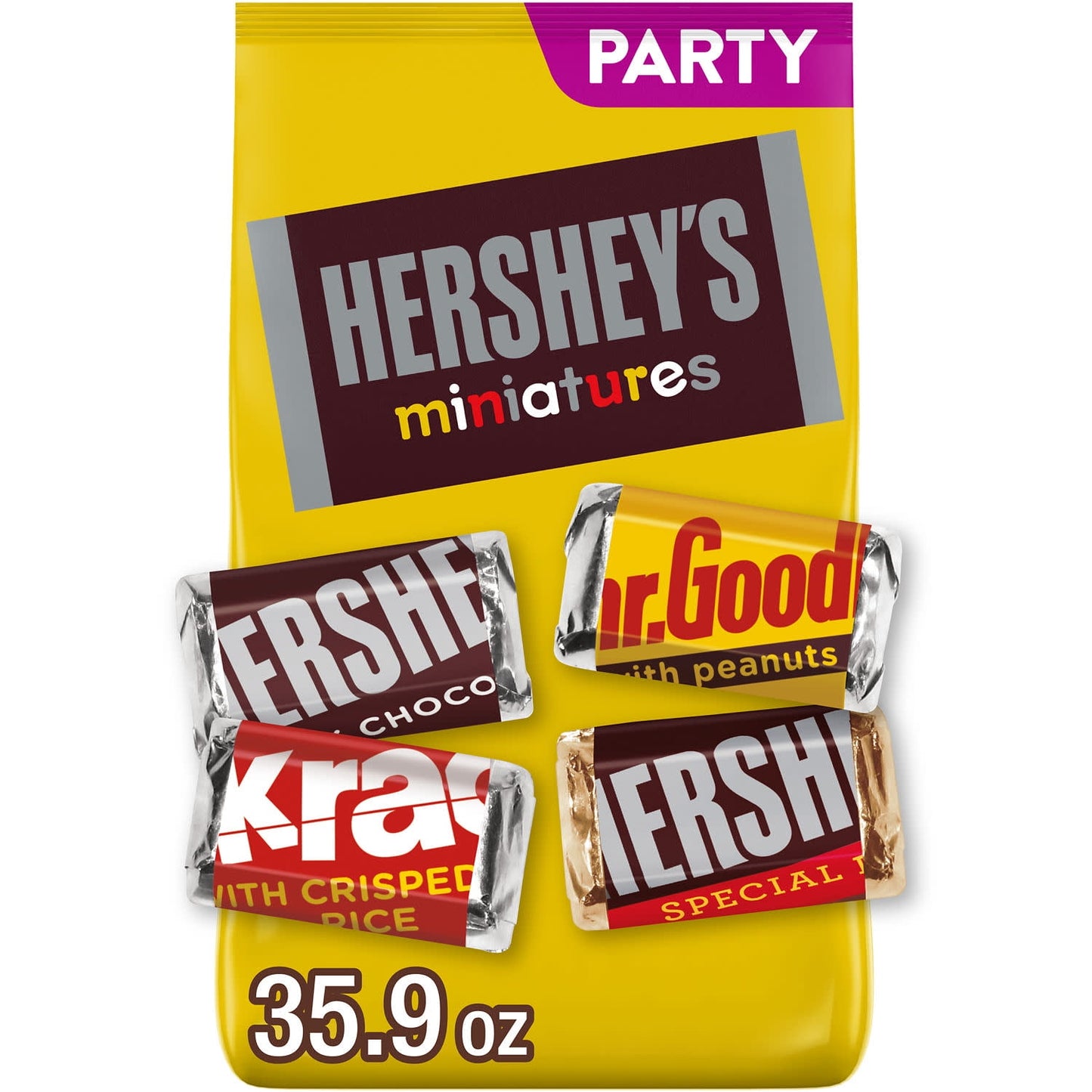 There's something for everyone in this HERSHEY'S Miniatures assortment. Find miniature versions of all your favorite HERSHEY'S chocolate bars in one sweet bag, including HERSHEY'S milk chocolate bars, HERSHEY'S SPECIAL DARK mildly sweet chocolate bars, KRACKEL chocolate candy with crisped rice and MR. GOODBAR chocolate candy with peanuts. Enjoy delicious candy classics individually wrapped for lasting freshness and convenience all year long. Perfect for lunch boxes, movie nights, game nights, snack breaks, 