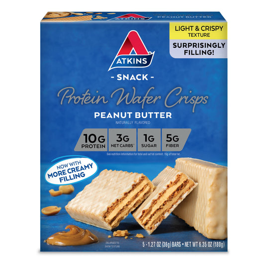 Enjoy Atkins Peanut Butter Protein Wafer Crisps! Each deliciously sweet wafer contains 10g of protein, 3g net carbs, 1g of sugar and 5g of fiber. Atkins Snack Protein Wafer Crisps provide the perfect snack that’s light enough to carry you between meals. Atkins Snack Peanut Butter Protein Wafer Crisps, 5-count. The Atkins Lifestyle – The Atkins Diet and Lifestyle is the original leading low-carb plan that provides quick, effective, and balanced weight loss my limiting carbs and sugar to help the body burn fa