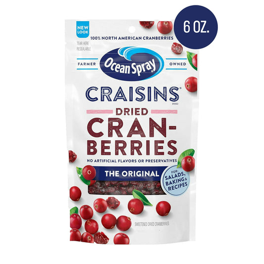 The original. The legend. Ocean Spray® Craisins® Original Dried Cranberries. Mouth-watering flavor with uncanny nutrition. This cranberry dried fruit product is an easy way to work in 25% of your daily recommended fruit needs(1). No artificial flavors or preservatives. Enjoy real, bold dried cranberries in every dried fruit pouch. Potent little puckers that are peanut-free, gluten-free and judgment-free. Top your weeknight salads. Mix them in your oatmeal or cereal. Use as baking ingredients in your favorit