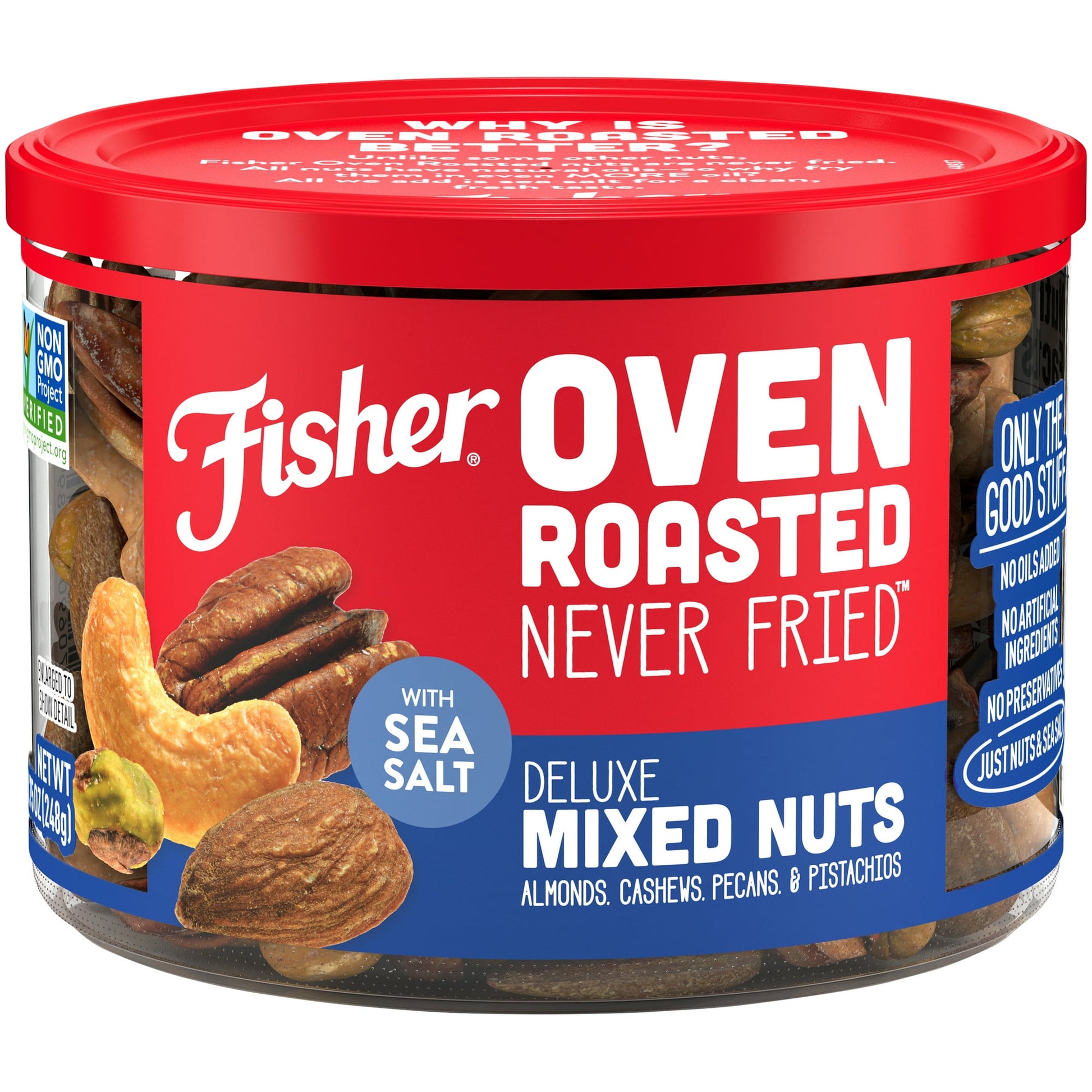 Fisher Snack nuts are packed with wholesome goodness, rich flavor and that signature crunch you crave. Our Fisher Snack oven roasted never fried deluxe mixed nuts are made with almonds, cashews, pecans, pistachios and a touch of sea salt. Seriously, that's it. We use only the highest quality nuts – a difference you can taste in bite after bite after bite. Why is oven roasted better? Unlike some other nuts, Fisher oven roasted nuts are never fried. All we add is sea salt for a clean, fresh taste. Fisher is y