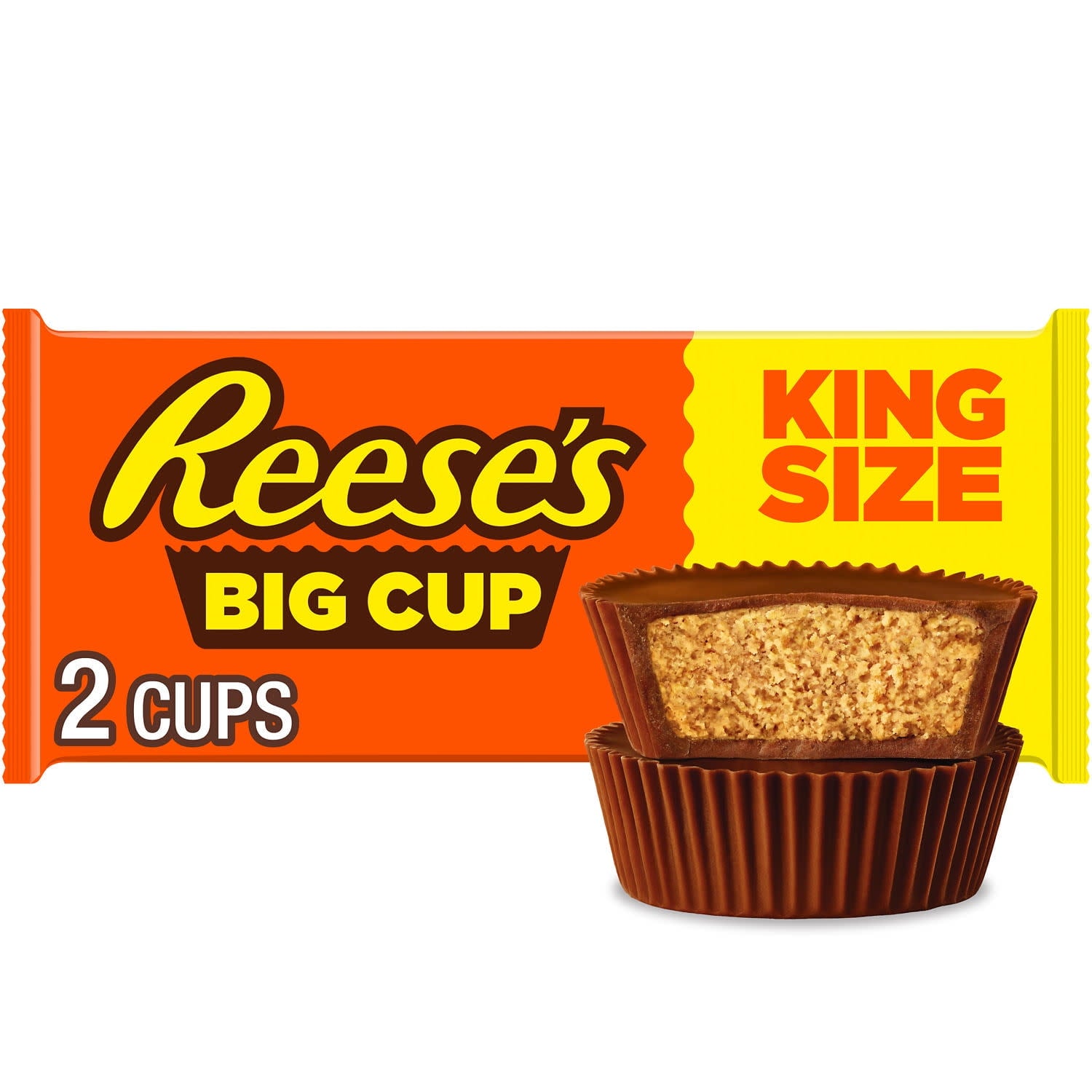 Name a more iconic duo. Everyone will wait... You can't beat this old fashioned, match made in heaven when it comes to creamy milk chocolate combined with delicious peanut butter. Get ready to taste perfection! REESE'S Big Cup milk chocolate peanut butter cups are ready to be your go-to snack. Bring this king size pack along to the next sporting event as a concession treat, as movie marathon snacks or game night prizes. Store them in your pantry for an anytime snack or slip a pack into lunch boxes and purse