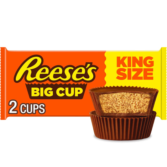 Name a more iconic duo. Everyone will wait... You can't beat this old fashioned, match made in heaven when it comes to creamy milk chocolate combined with delicious peanut butter. Get ready to taste perfection! REESE'S Big Cup milk chocolate peanut butter cups are ready to be your go-to snack. Bring this king size pack along to the next sporting event as a concession treat, as movie marathon snacks or game night prizes. Store them in your pantry for an anytime snack or slip a pack into lunch boxes and purse