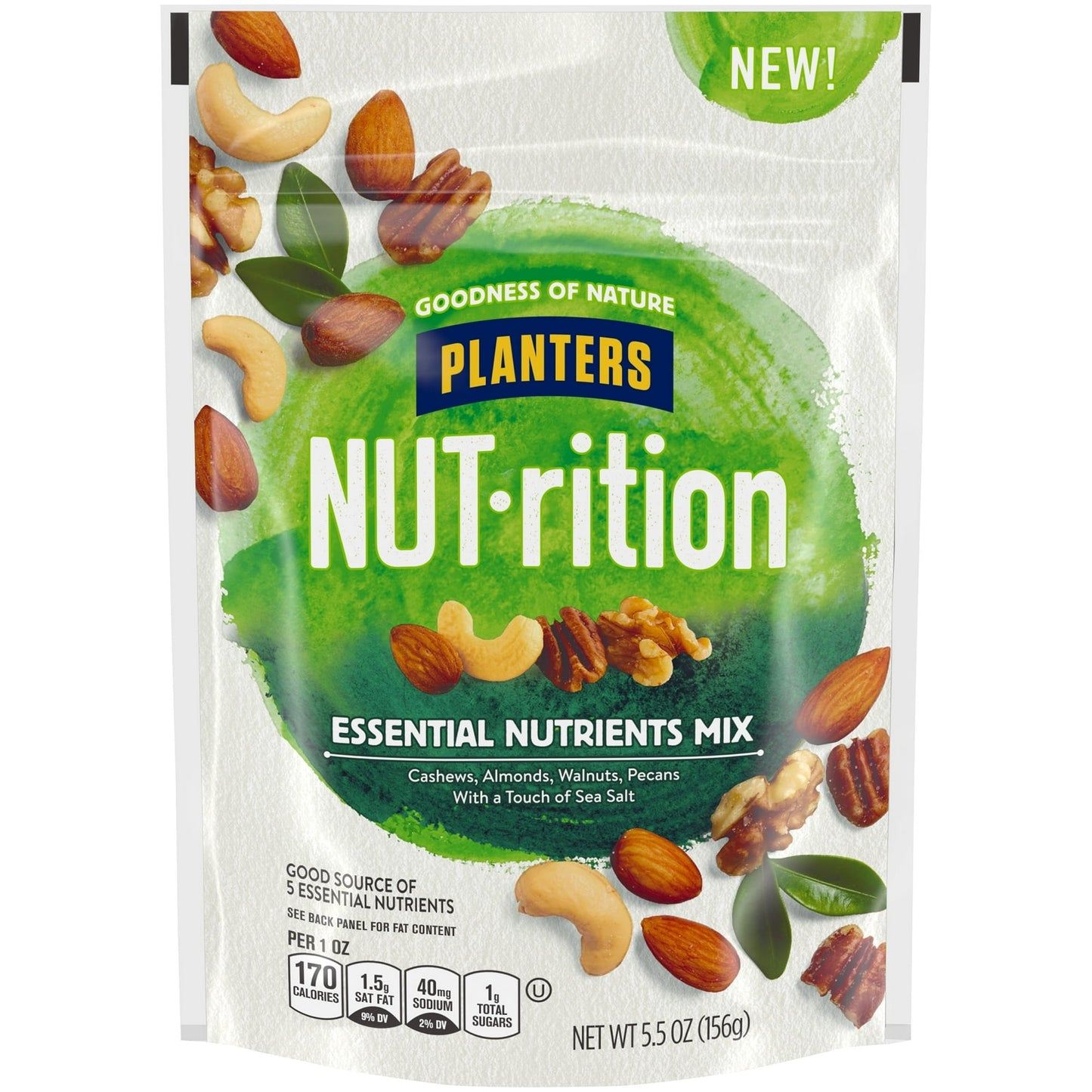 Planters NUT-rition Essential Nutrients Mix is a flavorful assortment of delicious nuts that are low in sodium and high in crunchiness and taste. The mix contains cashews, almonds, walnuts and pecans deliciously roasted in peanut oil and seasoned with a touch of salt. These gluten-free, Non-GMO nuts deliver five essential nutrients, so you can rest assured that you’ve made a smart choice when it's time to snack. These roasted nuts contain no artificial flavors, colors or preservatives, and they have 5 grams