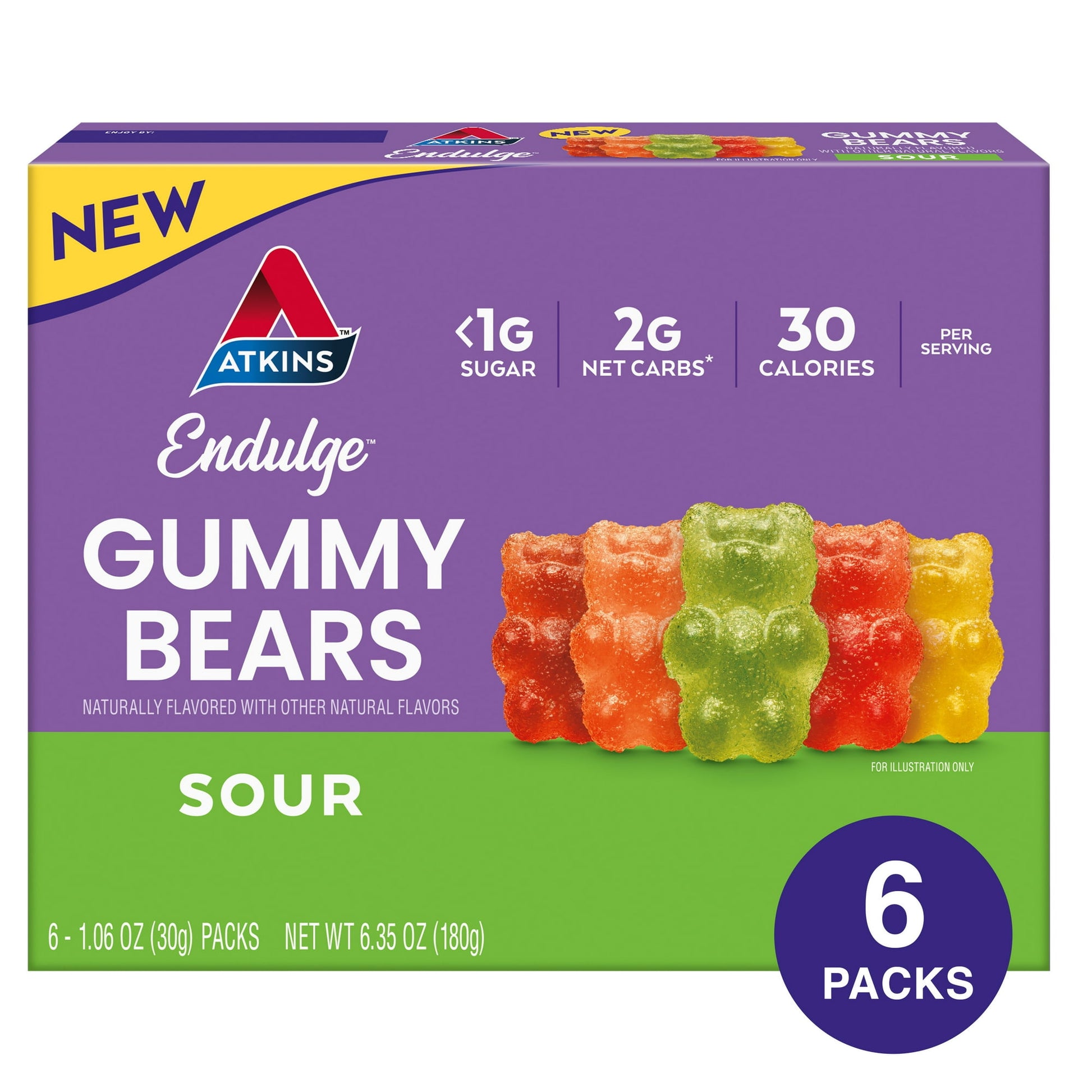 Atkins™ New Endulge Sour Flavored Gummy Bears are bursting with deliciously tart flavor, not tons of sugar and net carbs. These playful gummies are a celebration of joy with 2g of net carbs and <1g sugar per serving*. Perfect for satisfying your sweet tooth on a keto friendly journey, our gummy bears are designed to be a fun-filled treat in your balanced lifestyle. And with 30 calories per serving*, they’re well aligned with your nutritional goals. Live the dream of delightfully balanced gummy bears with At