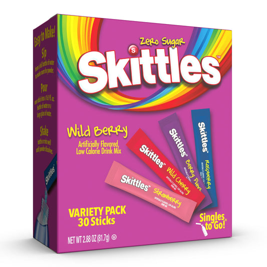 Skittles Drink Mix is a delicious treat for kids and adults alike. Perfect for any water recipe, this variety pack includes 30 individual on-the-go packets, enough to make 30 single servings of flavored water, in four Wild Berry Skittles flavors, including Berry Punch, Raspberry, Wild Cherry, and Strawberry. Skittles Drink Mix is sugar-free and fat-free, with only 5-10 calories per serving. Perfect for on-the-go or after-school snacks, pool days, or picnics, these flavored water packets are easy to prepare 