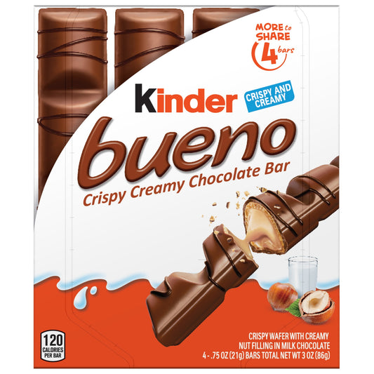 Discover a taste experience that defies expectation with Kinder Bueno. Share 4 individually foil-wrapped chocolate bars with family and friends, or reseal the box for convenient storage. Smooth milk chocolate, creamy hazelnut filling and a crispy wafer deliver sensational taste with every bite. We choose ingredients according to our high standards of excellence in quality, freshness and sustainability. Make ordinary coffee moments or movie nights extraordinary by adding a Kinder Bueno bar, or make desserts 