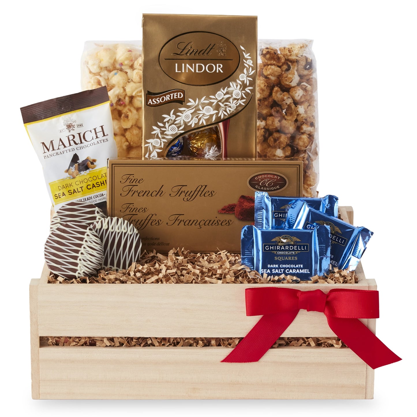 Send them a sweet little crate loaded with "the works!" They'll dig into familiar favorites like Lindt Lindor Chocolate Truffles, Ghirardelli Dark Chocolate Sea Salt Caramel Square, and Dark Chocolate Covered Sandwich Cookies. The snacking doesn't stop there! There's also Chocolate Caramel Corn, French Truffles, and Marich Milk Chocolate Sea Salt Cashews. What a treat!