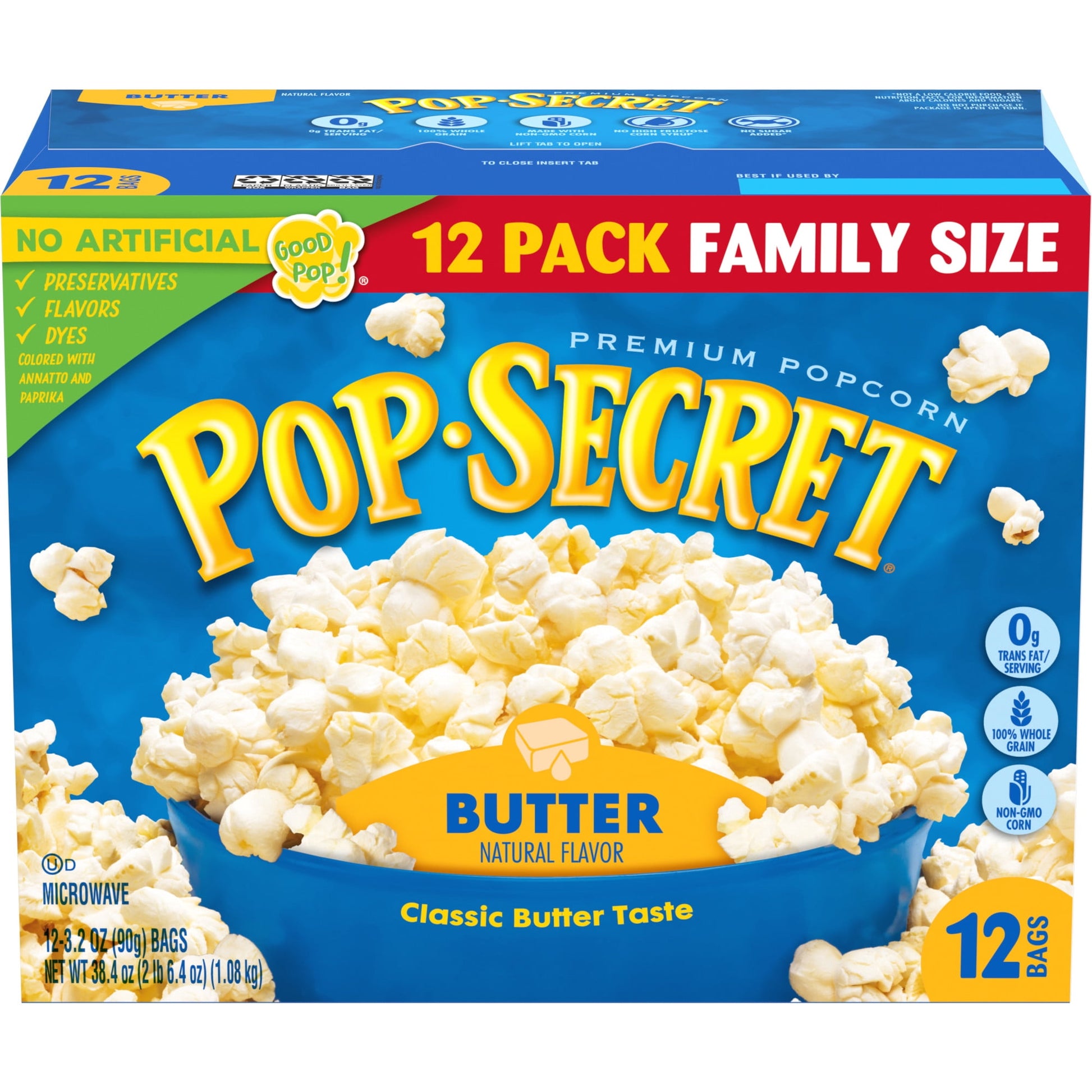 Popcorn fanatics love the delicious buttery taste of Pop Secret Butter Flavor popcorn. What’s our secret for the best popcorn? Kernels popped up light and fluffy with delicious buttery flavor and an aroma that brings the gang together. Ready in minutes, our microwaveable popcorn bags make it easy to pop up a hot and delicious treat. And with more than 3 servings in each of our popcorn bags, Pop Secret Butter Flavor microwave popcorn is perfect for sharing. So, pop up some delicious buttery-flavored fun for 