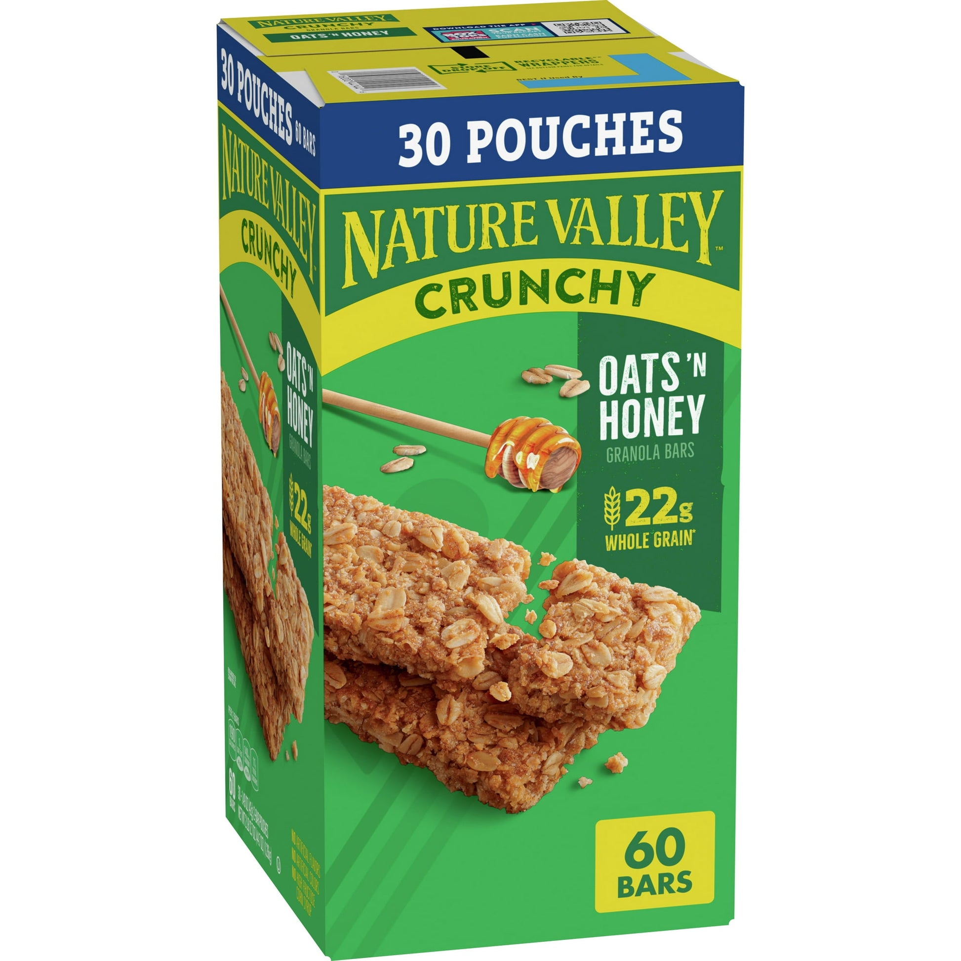 The Original Crunch. Nature Valley Oats 'n Honey Crunchy Granola Bars are a tasty snack made with whole-grain oats and a touch of honey. A portable snack perfect for the pantry, lunch box, and hiking trail. There are no artificial flavors, colors or high fructose corn syrup, and these snack bars contain 22g of whole grain per serving (at least 48g recommended daily). It's a breakfast snack bar, an office snack or an on-the-go treat everyone in your household can enjoy. At Nature Valley, we believe that what