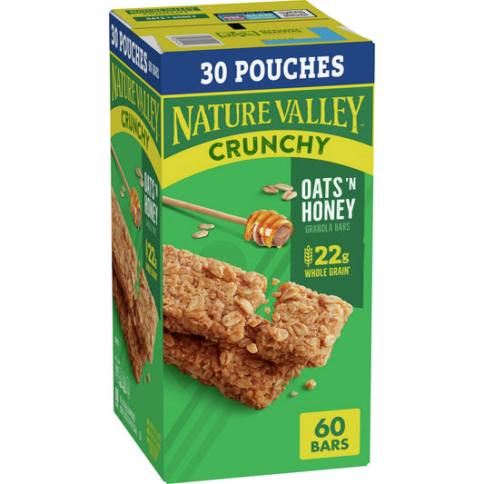 The Original Crunch. Nature Valley Oats 'n Honey Crunchy Granola Bars are a tasty snack made with whole-grain oats and a touch of honey. A portable snack perfect for the pantry, lunch box, and hiking trail. There are no artificial flavors, colors or high fructose corn syrup, and these snack bars contain 22g of whole grain per serving (at least 48g recommended daily). It's a breakfast snack bar, an office snack or an on-the-go treat everyone in your household can enjoy. At Nature Valley, we believe that what