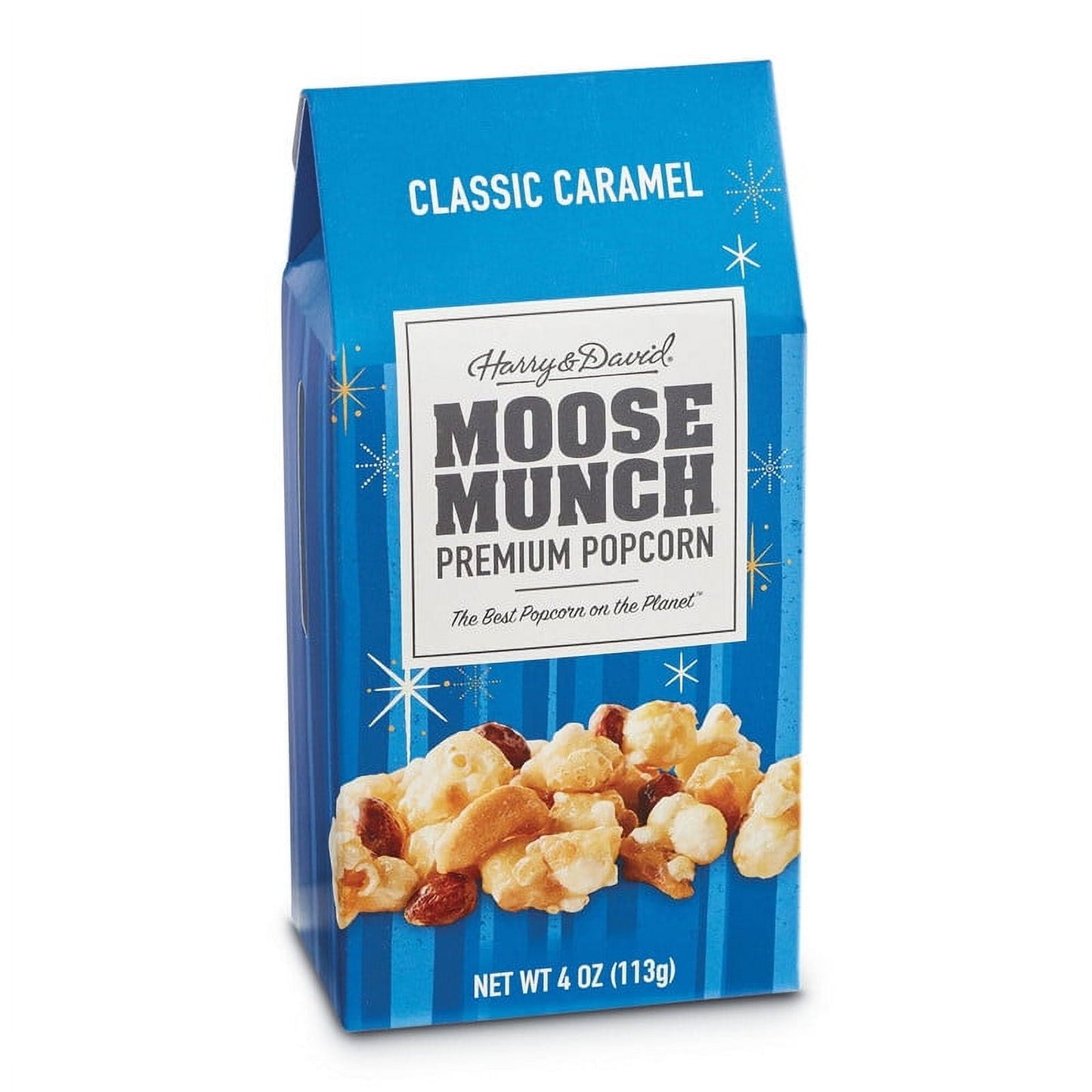 Moose Munch Premium Classic Caramel Popcorn Box, 4.5 oz Made with only the finest ingredients and never wavering from our traditional recipe, Moose Munch Premium Popcorn is an exceptional treat. Each piece of popcorn is the perfect shape to hold the ultimate amount of rich, buttery caramel. We add candied nuts or premium chocolate to the mix to create a variety of classic favorites and innovative limited-edition flavors. Key Features: This Moose Munch is covered with caramel and sprinkled with sea salt Make