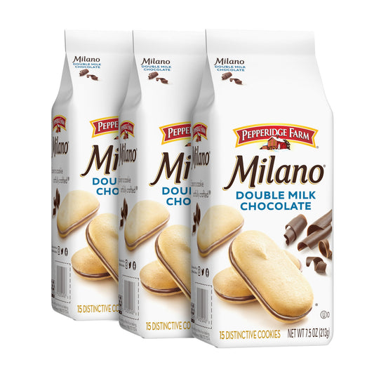 When you can’t make yoga, when you have 10 minutes before getting the kids from school, when you just need a little me-time, Pepperidge Farm Milano Double Milk Chocolate Cookies are there for you. Delicate, sweet and oh, so indulgent, Milano cookies are that special treat your day needs - your me-time must-have. Pepperidge Farm Milano Double Milk Chocolate Cookies have twice as much milk chocolate as our classic version between crisp baked cookies. Get ready to enjoy three 7.5-ounce bags, each with 15 delic