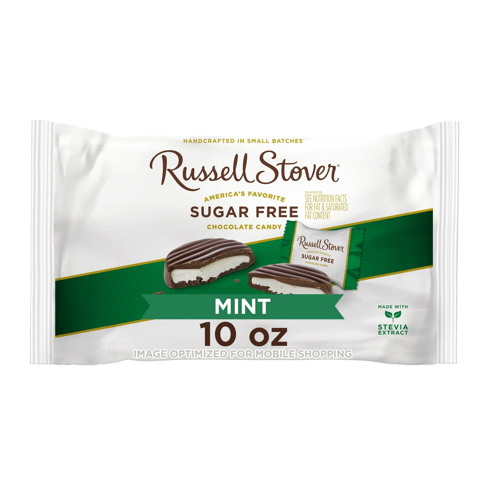 RUSSELL STOVER Sugar Free Dark Chocolate Mint Patties, 10 oz. bag, contains about 20 individually wrapped pieces of smooth, mint cream centers covered in rich, dark chocolate. Made with Stevia extract, a plant-based sweetener, these dark chocolate mint patties deliver the sweetness you crave without any added sugar. Share them with friends and loved ones, gift them thoughtfully, or simply enjoy guilt-free snacking by filling up your candy bowl. Whether you're at home or on the go, these zero sugar chocolate