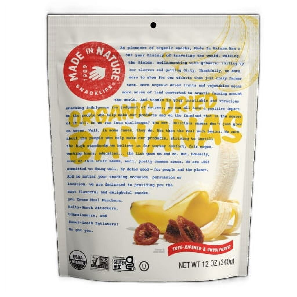 Our Made In Nature Organic Bananas are perfectly peeled and nearly impossible not to shove in your face by the handful. Unlike many others, ours are soft and supple organic Banana Slices. They are left to ripen right on the tree (no green bananas here) and dry on their own sweet time (lots of rich, amber bananas here) so you can truly enjoy the fruits of nature’s labor.