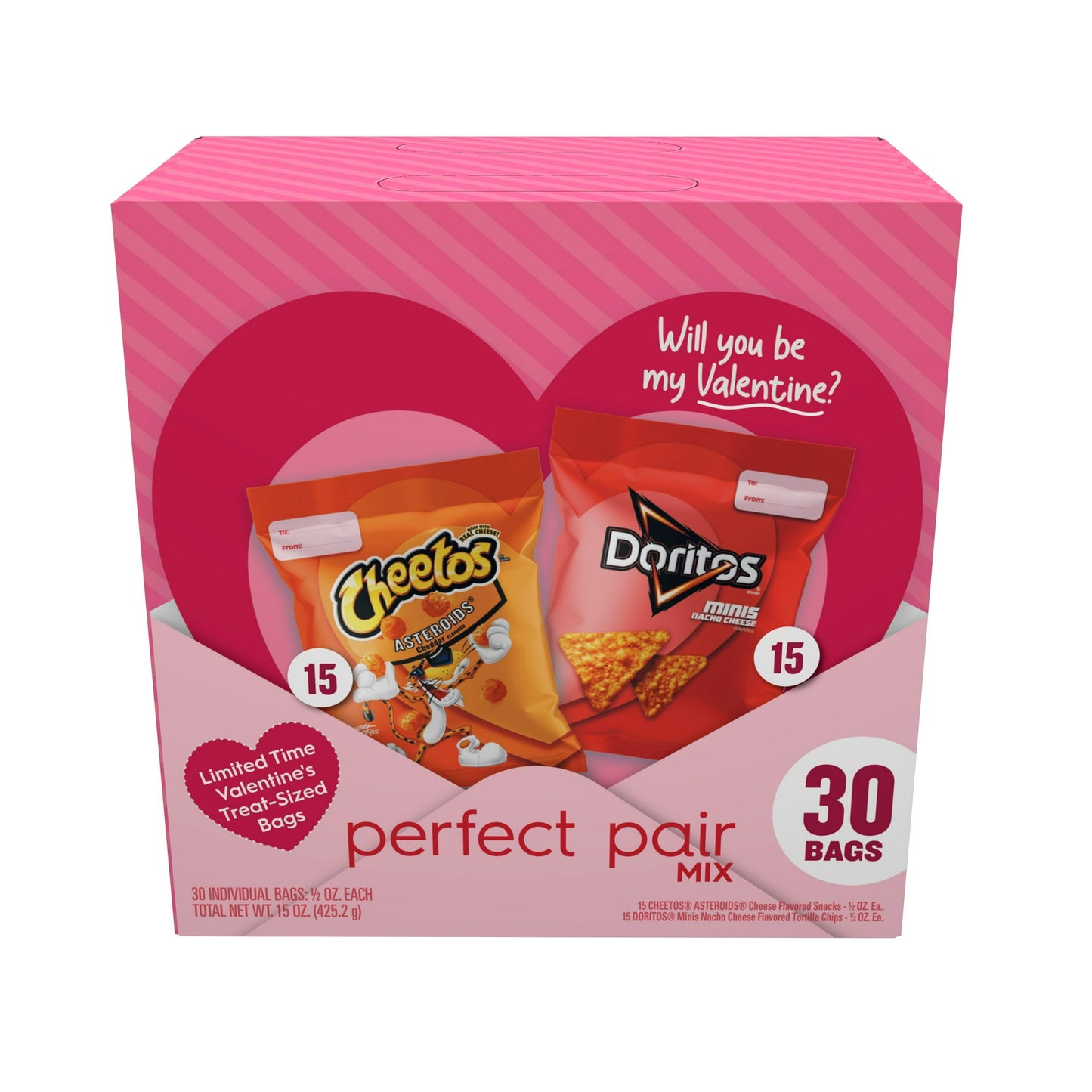 Doritos and Cheetos make the perfect pair this Valentines Day, with 30 bags of your favorite cheesy snacks! Gift this box to that special person in your life, to show that they are the Dorito to your Cheeto! Or, you can write individual messages on each bag and pass them out to family and friends!