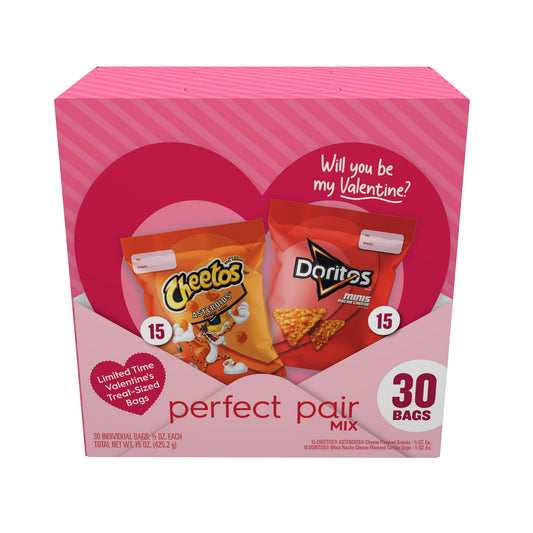 Doritos and Cheetos make the perfect pair this Valentines Day, with 30 bags of your favorite cheesy snacks! Gift this box to that special person in your life, to show that they are the Dorito to your Cheeto! Or, you can write individual messages on each bag and pass them out to family and friends!