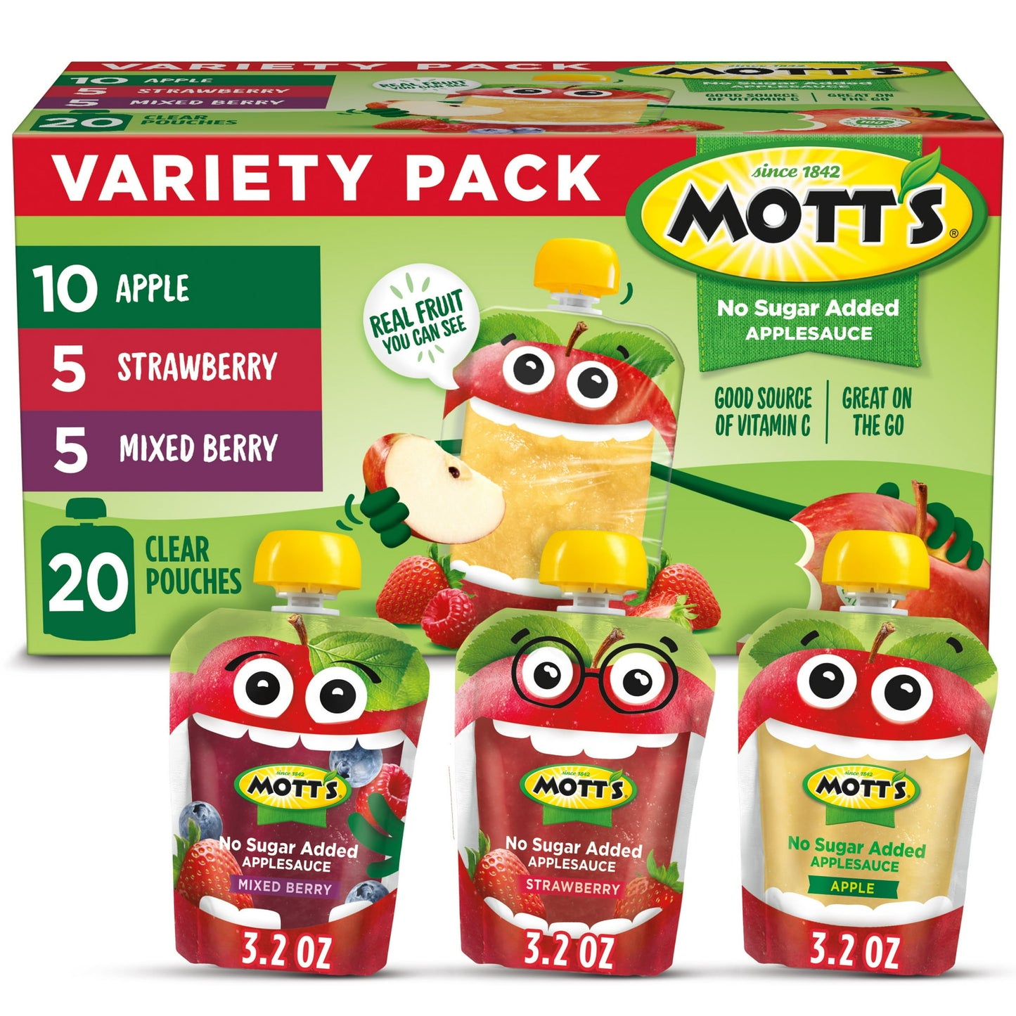 The original, delicious treat, Mott's No Sugar Added Applesauce Variety Pack is the perfect snack or meal companion. Available in 12- or 20-packs, Mott's Applesauce comes in refreshing flavors like our appetizing Apple, sweet Strawberry, and tart Mixed Berry so you'll be sure to find something that satisfies your taste buds. Made with 100% real fruit and no artificial flavors, you can feel good about making healthy choices. A good source of Vitamin C and free of cholesterol, Mott's No Sugar Added Applesauce