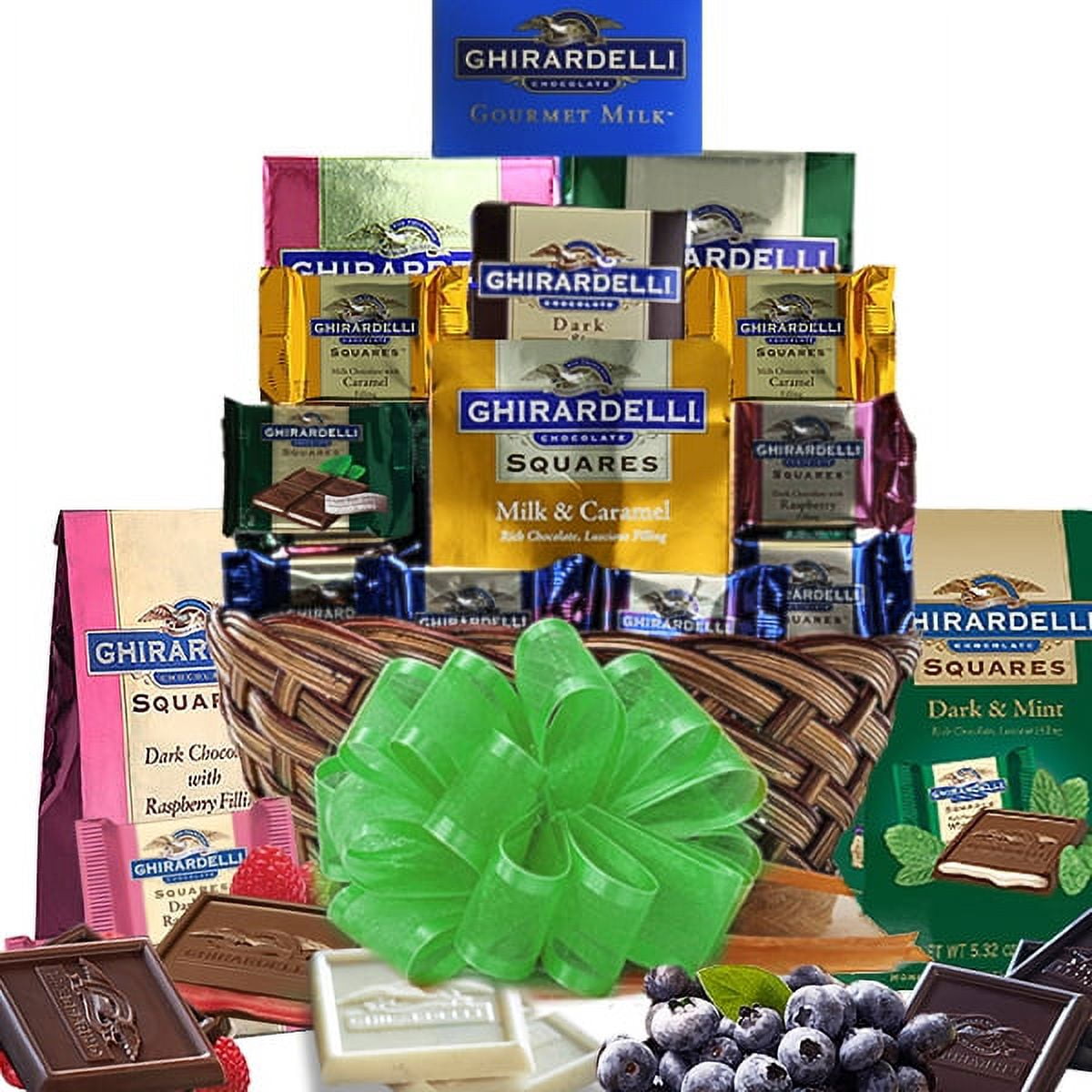 The Ghirardelli Chocolate Gift Basket is a premium chocolate assortment meant for true connoisseurs crafted by the world famous Ghirardelli. This basket features a variety of chocolates in different flavors and sizes; (3) 5.32 oz. Square Bags Dark, Milk & Caramel (4) .53 oz. Square Chocolates, 3.5 oz. Dark Bar & 3.5 oz. Milk Bar.