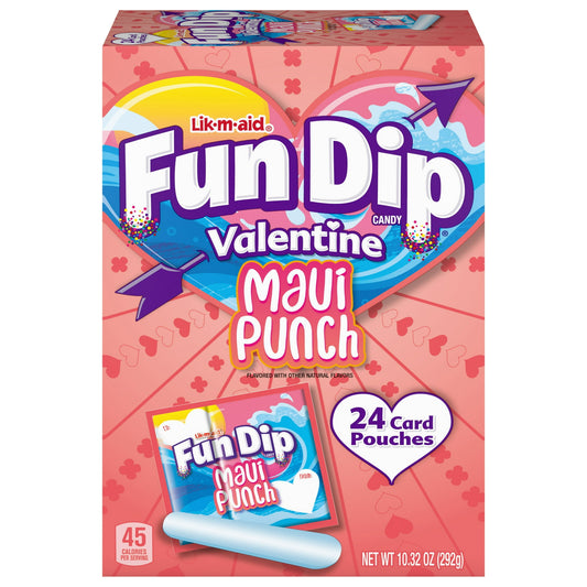 Kids and adults alike will love this Maui Punch Fun Dip Valentine Kit including 24 card pouches in a Tropical Punch flavor. This treat is worth taking the time to enjoy, with a sugary sweet powder and a candy stick. Add a personal touch to each pouch with heart-shaped “To” and “From” spaces to write a short, heartfelt note for any Valentine. Snacking on the colorful candy powder in an easy grab-and-go pouch is so much fun, we bet you can’t dip just once! Allergens: This product was manufactured in a facilit