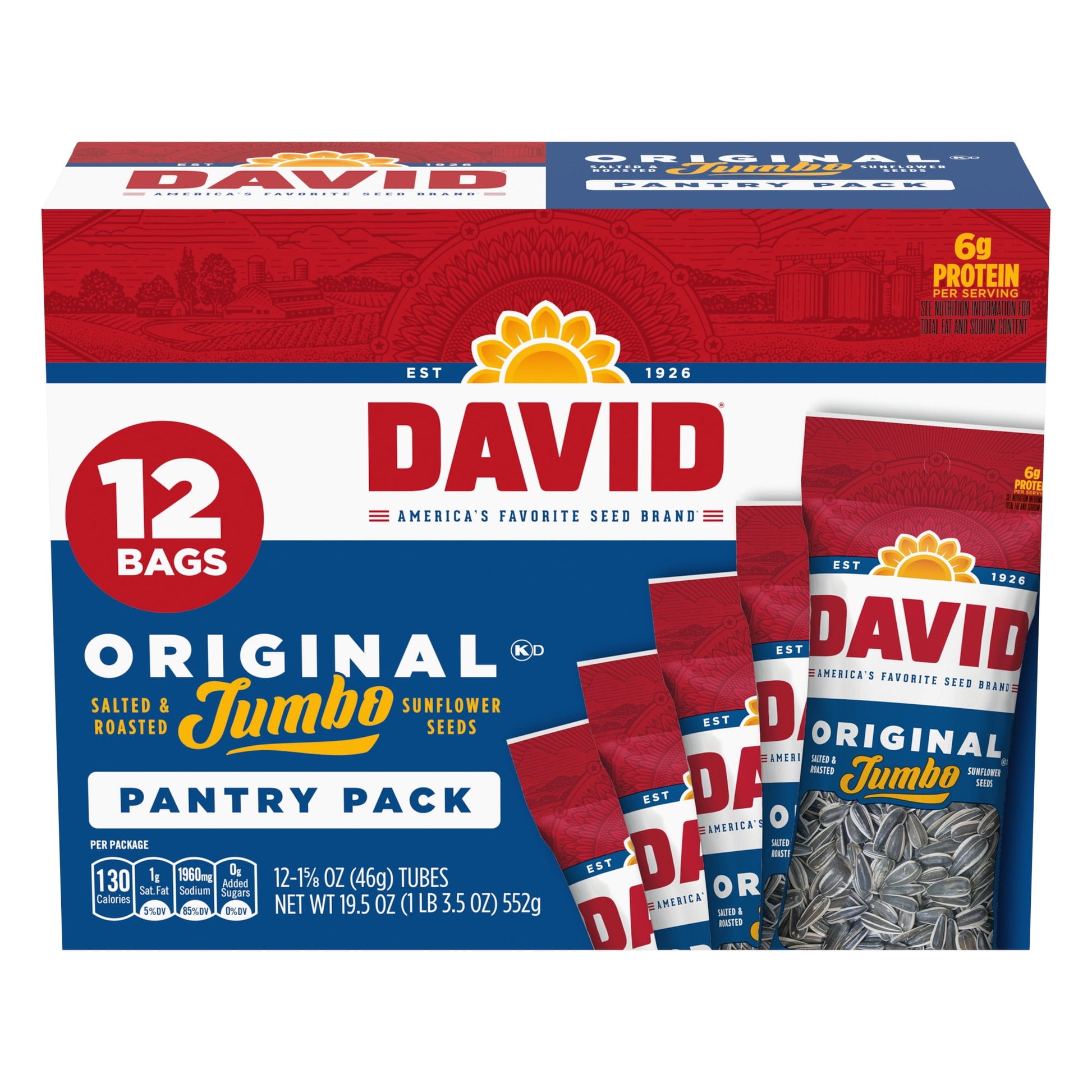 Ditch the chips and grab a bag of DAVID Original Jumbo Sunflower Seeds, a deliciously salty and crunchy snack. DAVID Seeds offer a crunchy bite on-the-go, so quickly grab a bag for a crunchy and salty treat whenever you're craving a salty snack. Each 1.65-ounce, individually packaged bag contains 140 calories and 6 grams of protein per serving. DAVID Seeds Snack Mix is made with no artificial flavors or colors. DAVID Seeds provide a quality difference that you can taste with select top-quality sunflower see