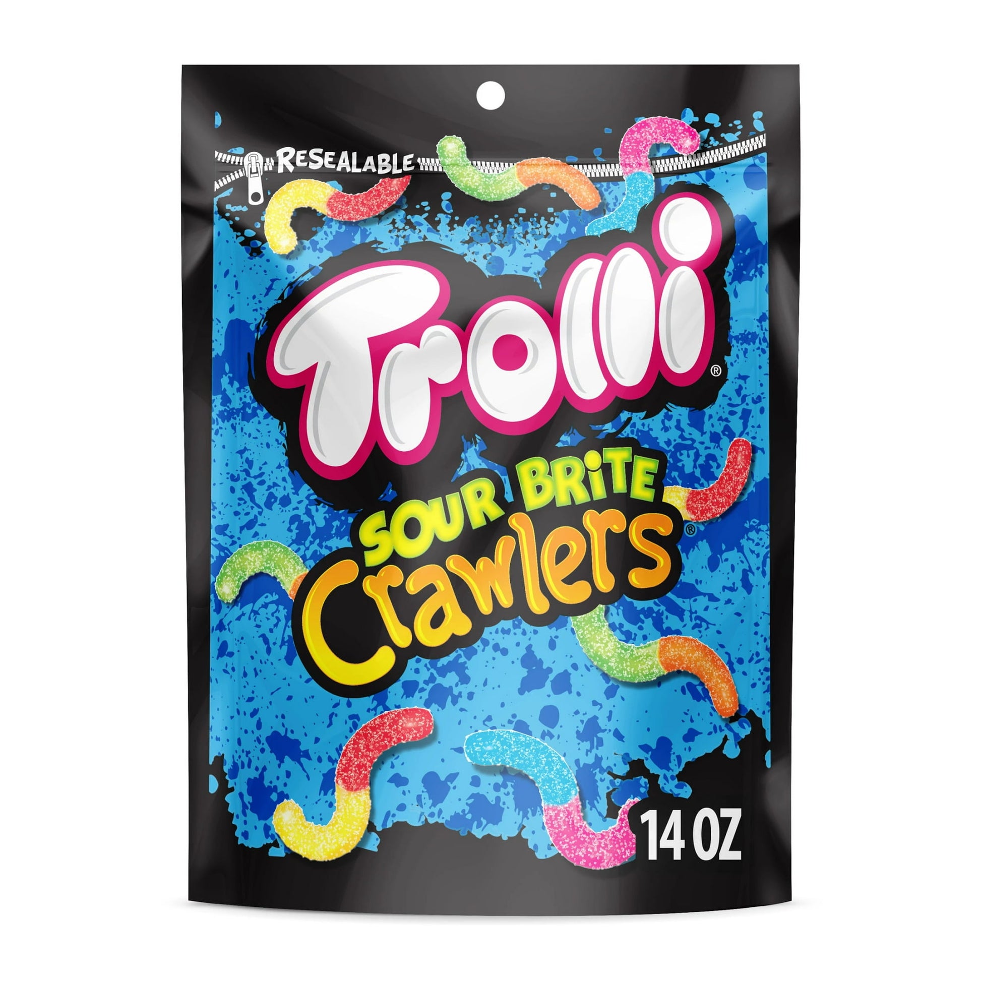 Trolli Sour Brite Crawlers are chewy gummy worms covered in a tongue-twisting sugary goodness, striking the perfect balance of sweet and sour in every bite. The flavors include cherry-lemon, strawberry-grape and orange-lime. Whether you're looking for a snack to satisfy your sweet tooth, or you're in the mood for something sour and tangy, Trolli Sour Brite Crawlers have got you covered. With their bold flavors, soft texture, and colorful design, they are sure to be a hit with anyone who loves gummy candies.