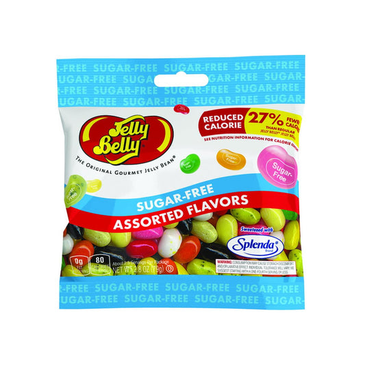 Jelly Beans, Assorted Flavors, Sugar-Free, Bag 2.8 OZ Naturally and artificially flavored. Reduced calorie. 28% fewer calories than Regular Jelly Belly Jelly Beans. The original gourmet jelly bean. 0 g fat per serving. 100 calories per serving. 2 servings per package. Sweetened with Splenda brand. 28% Fewer Calories: Jelly Belly Sugar-Free Jelly Beans contain 100 calories per 40-gram serving, compared to 140 calories per 40-gram serving for regular Jelly Belly Jelly Beans. Buttered popcorn. Cherry. Green ap