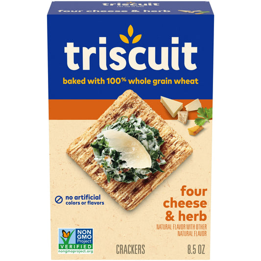 Triscuit Four Cheese and Herb Whole Grain Wheat Crackers are made simply with quality ingredients. Baked to perfection, these snack crackers use 100% whole grain wheat proudly grown in the USA and sunflower oil. These crackers have their signature woven texture, are Kosher, Non-GMO, have no artificial colors or flavors and are a good source of dietary fiber (see nutritional information for fat content).