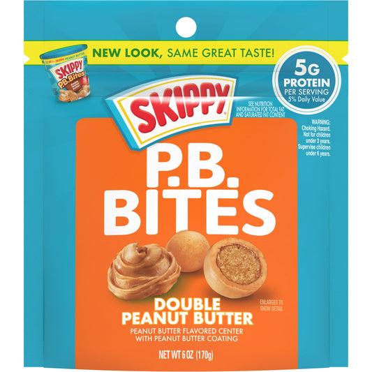 GO TO YOUR SKIPPY PLACE! When looking for a hearty snack, SKIPPY PB Bites Double Peanut Butter hits the spot with just the right combination of sweet and savory peanut butter flavor. Each bite has a peanut butter flavored center with a peanut butter coating. Made from real creamy SKIPPY Peanut Butter to give you that deliciously smooth taste you love, packed into bite-sized snacks! Double Peanut Butter means that this pop-able PB Bite is a sweet-salty-peanut-butter, crunchy snack. There’s 5 grams of protein