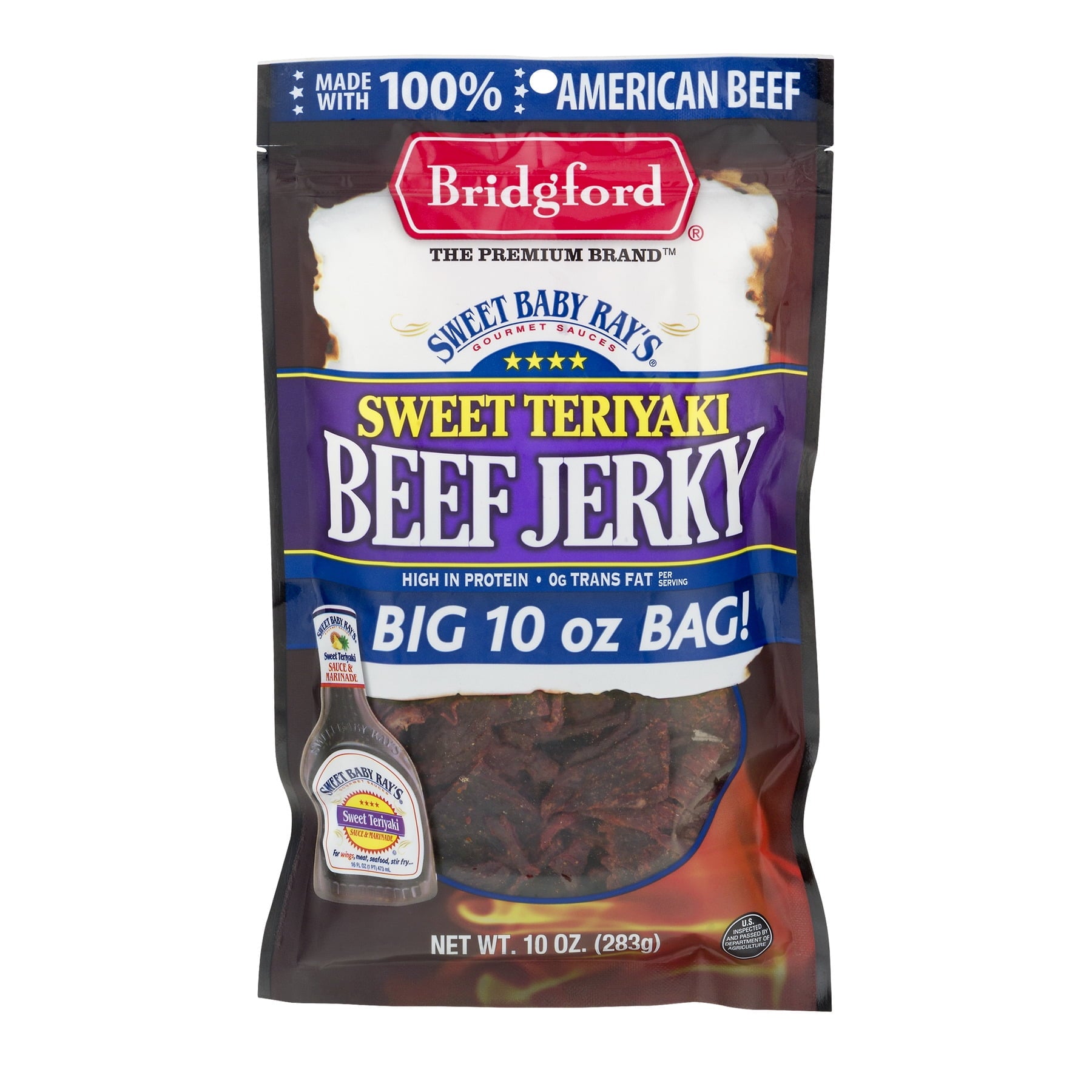 Indulge in the delicious flavor of Bridgford® Beef Jerky with Sweet Baby Ray's® Sweet Teriyaki. Crafted from 100% American beef, this jerky delivers a mouthwatering combination of sweet and savory teriyaki flavors. Each serving is a high-protein snack, perfect for satisfying your cravings while providing a substantial energy boost. With 0g of trans fat per serving, it’s a healthier choice for on-the-go snacking. Packaged for convenience, this quality product ensures freshness and taste in every bite. Free f