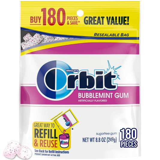 ORBIT Bubblemint Sugarfree Chewing Gum is made with a delicious bubblemint flavor for a clean and fresh feeling, so you're ready to seize the moment whenever it arrives. This chewing gum bulk pack contains 180 pieces in a resealable bag. Stock up your car or pantry with this delicious sugarfree gum. ORBIT Bubblemint Sugarfree Gum is also great for Christmas stockings or fun birthday gifts. With ORBIT Gum, it's your time to shine.