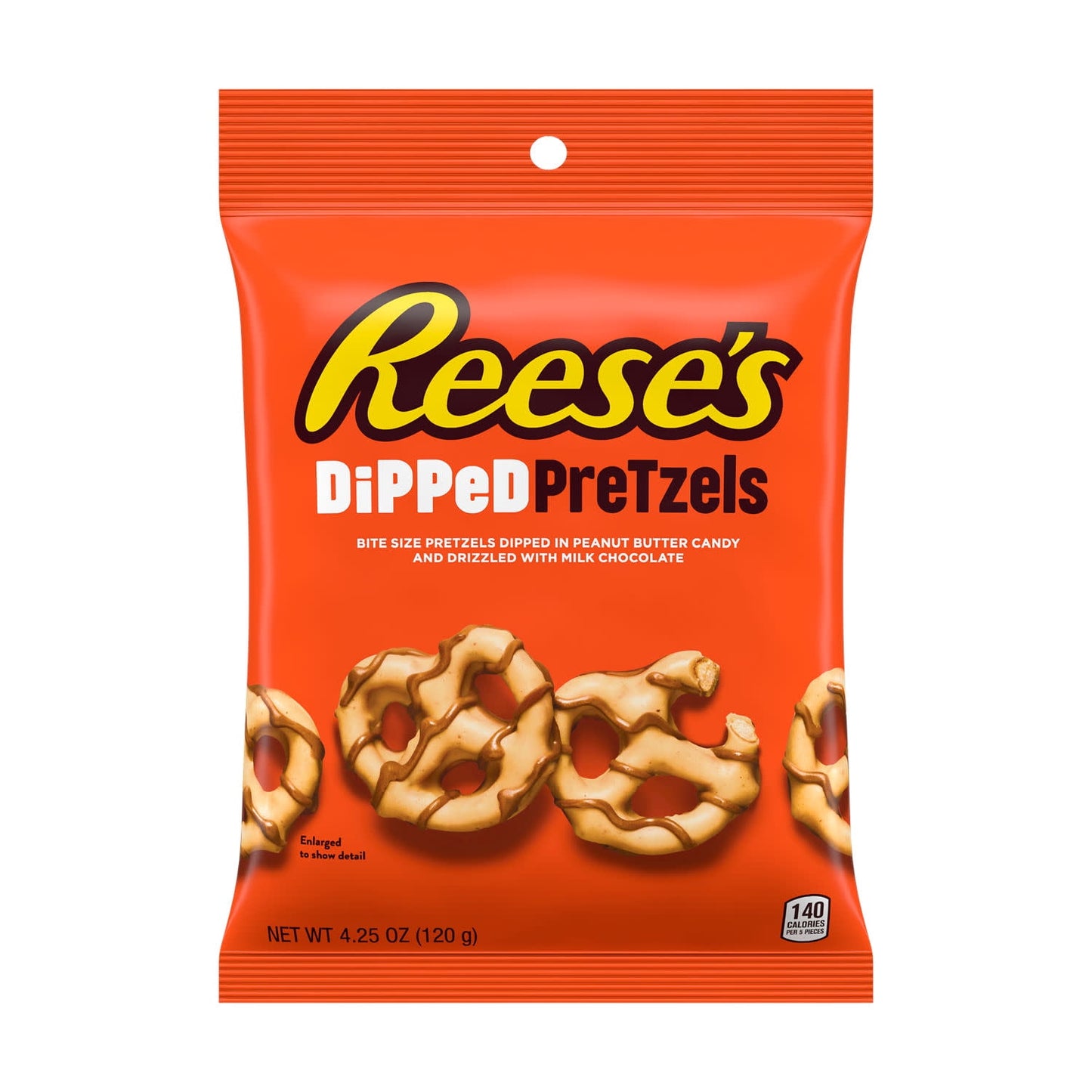 Talk about the ultimate mashup of delicious flavors: REESE'S dipped pretzels are ready to be your go-to bite size snack when you need a sweet and salty twist. These kosher certified pretzels are coated in smooth peanut butter candy and drizzled in mouthwatering milk chocolate for a delectable taste you won't want to skip. No spot is left uncovered, which means you'll experience the full flavor of milk chocolate and peanut butter candy in every bite. Take this pouch of REESE'S dipped pretzels to your next ta