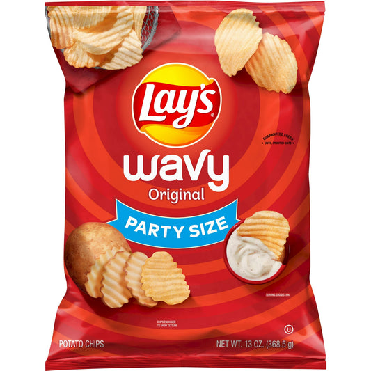 Wavy Lay's potato chips have all the crispy, fresh taste made famous by Lay's potato chips, with a Wavy crunch all their own. They feature delicate and crispy ridges, making them ideal for dipping. Wavy Lay's Original potato chips are made with only three ingredients: potatoes, vegetable oil and salt. As a result, the classic, savory potato chip flavor shines through and highlights the flavor of dips. Perfect at parties, Wavy Lay's chips are great for dipping; or enjoyed on their own ! scoop up some chips a