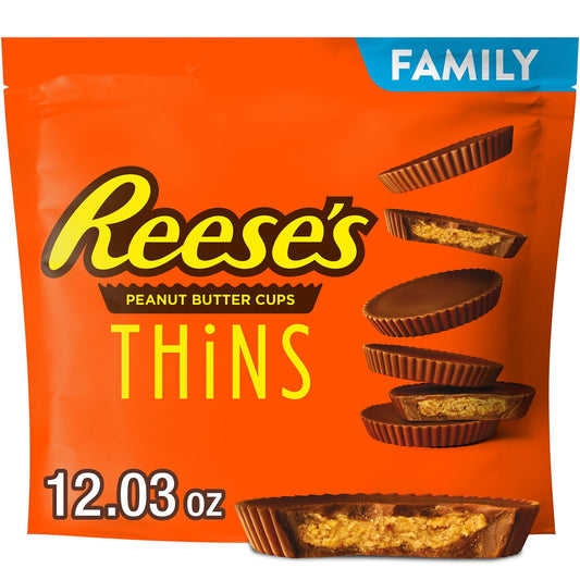 Get ready to taste perfection! You can't beat the old-fashioned, match-made-in-heaven when it comes to creamy milk chocolate combined with delicious peanut butter, now thinner than ever before. REESE'S THiNS Milk Chocolate Peanut Butter Cups are ready to be your go-to treat all year long. Bring a few family packs along to the next sporting event, birthday party and movie marathon for an extra bite of peanut butter and milk chocolate goodness. Store some family packs in your pantry to easily slip into lunch 