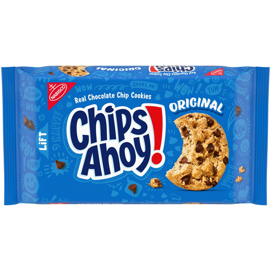 CHIPS AHOY! Original Chocolate Chip Cookies are the CHIPS AHOY! cookies you know and love, baked to have the perfect amount of crunch. These crispy chocolate chip cookies are loaded with lots of real chocolate chips. Make lunches at school or work more exciting by including these classic cookies, or grab a pack to prep for a holiday party or use as ice cream toppers or to make ice cream sandwiches or desserts. The resealable pack with lift tab makes these snack cookies easy to open and close.