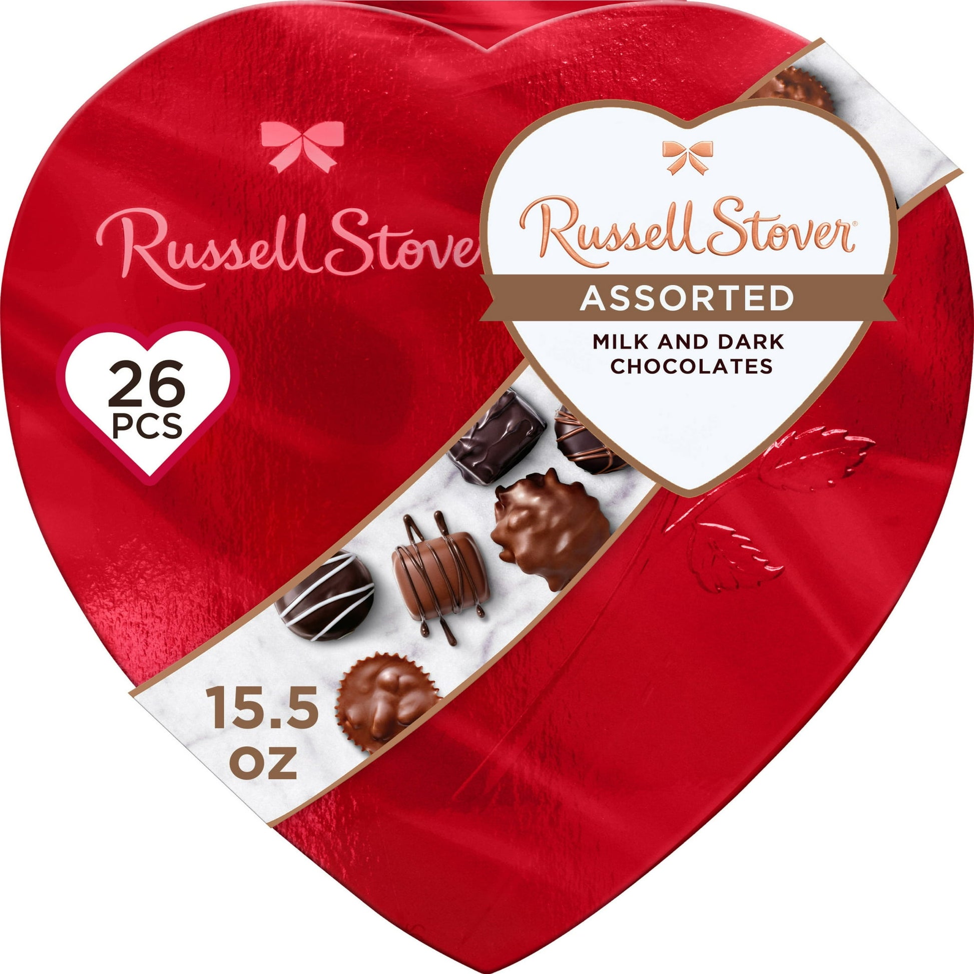 RUSSELL STOVER Valentine's Day Red Foil Heart Assorted Milk Chocolate & Dark Chocolate Gift Box, 15.05 oz., is a stunning way to say "I Love You" this Valentine's Day! This 26 piece collection includes 9 delicious favorites: milk chocolate caramel, dark chocolate caramel, milk chocolate peanut cluster, milk chocolate toffee, dark chocolate truffle, milk chocolate truffle, dark chocolate raspberry crème, dark chocolate nut caramel, milk chocolate pecan delight, dark chocolate vanilla crème and milk chocolate